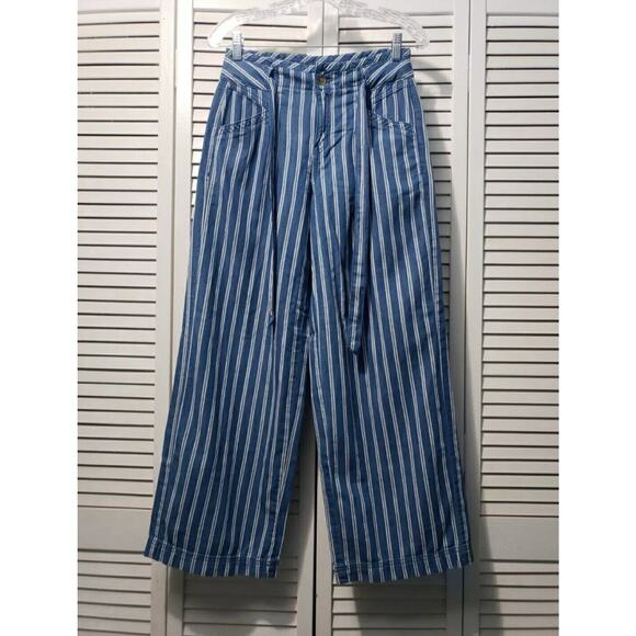 American Eagle Rail Road Pants Women's Size 2 Blue Striped Tie Waist Wide Leg - Picture 1 of 13